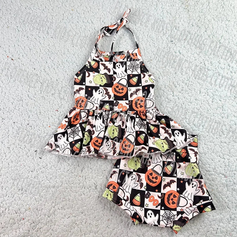 DH ODM Custom Helloween Bamboo Ghost Toddler Children Shorts Outfit Newborn Baby Clothes Girl Set