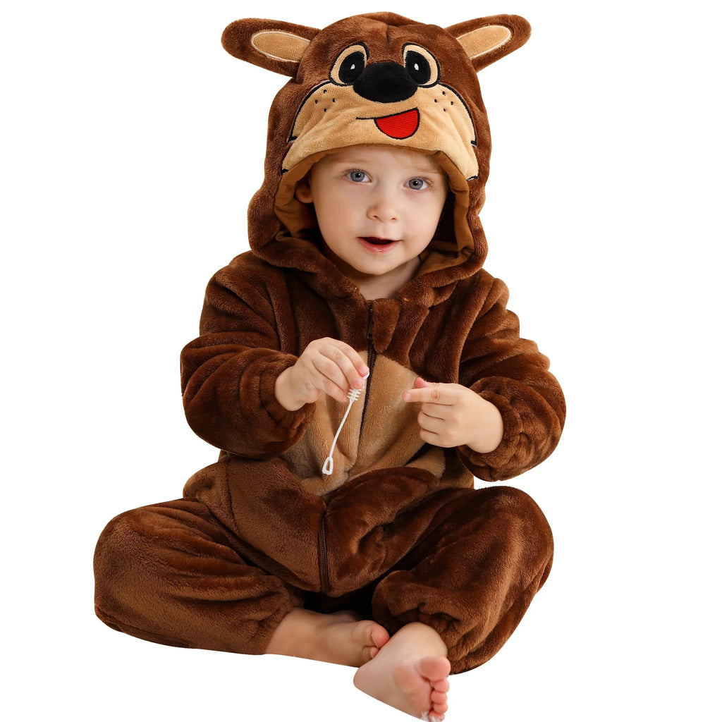 Michley Wholesale OEM High Quality Flannel Rompers Newborn Baby Clothes Cute Brown Animal Onesie Zipper Rompers Kids Pyjamas