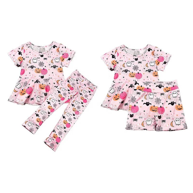 DH ODM Custom Helloween Bamboo Ghost Toddler Children Shorts Outfit Newborn Baby Clothes Girl Set