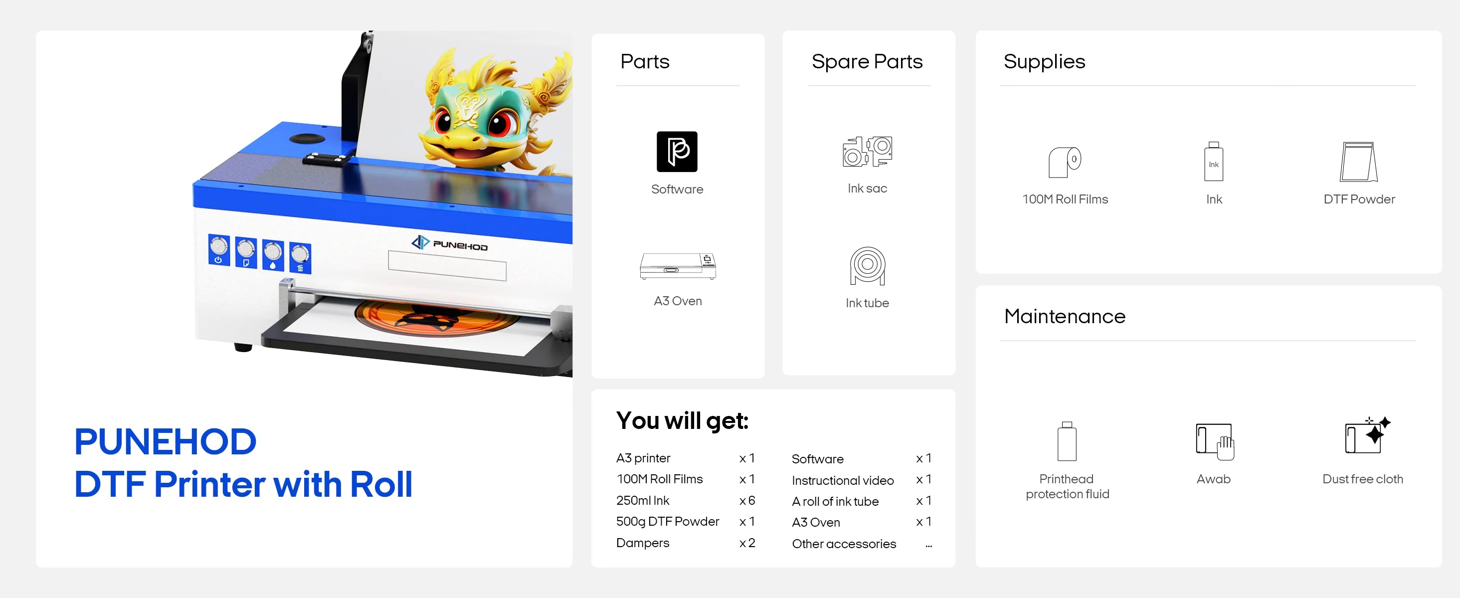 Punehod A3 DTF Printer Transfer Printer A3+ L1800 DTF Printer T Shirt Printing Machine With Curing Oven for Clothes