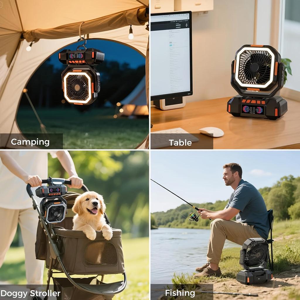 40000mAh Portable LED Camping Fan with Built-in Light - USB Rechargeable Outdoor Cooling Fan Tent, Hiking, Fishing - Sturdy And Compact Design, Green And Orange, Essential for Hiking, Sturdy Handle Function, Camping Accessory