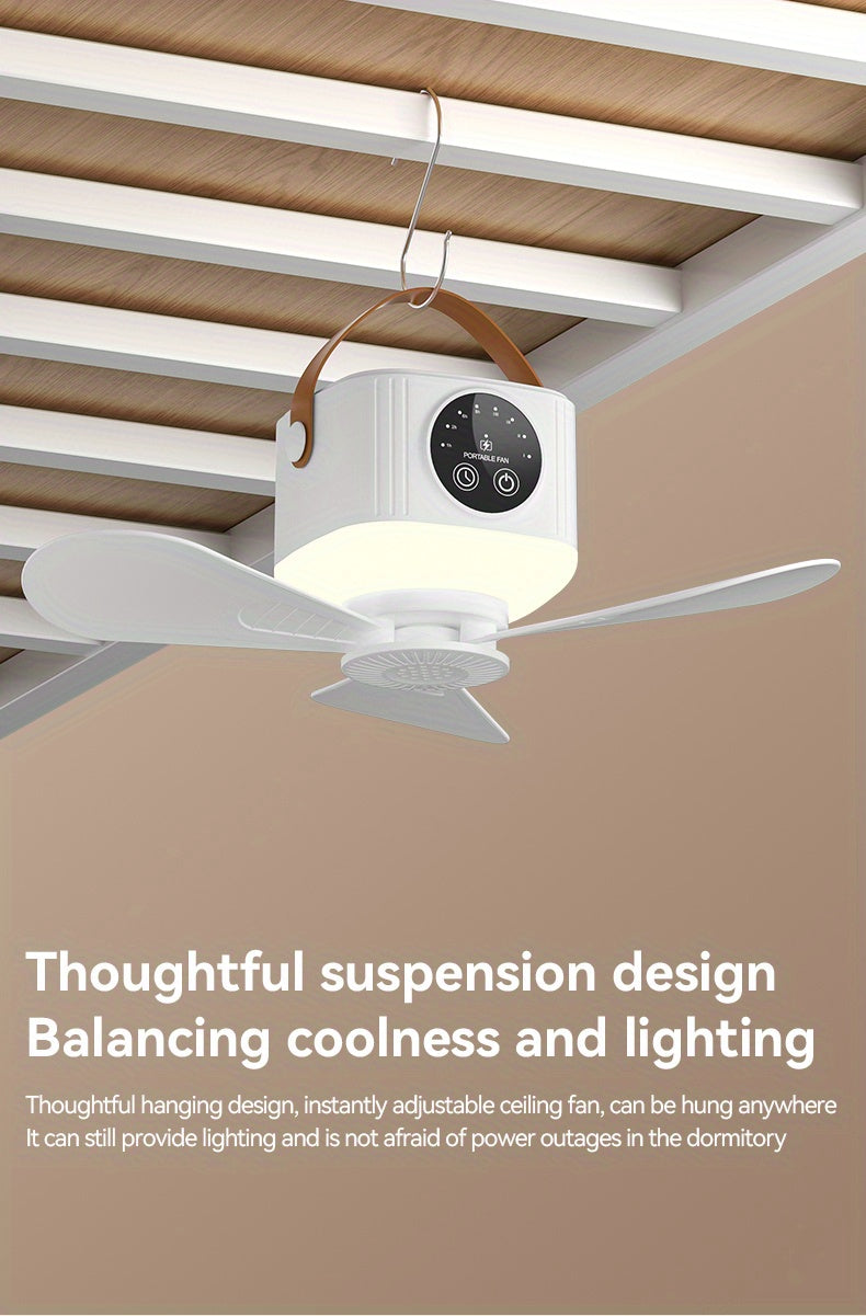 Remote Control Camping Fan with LED Night Light - Rechargeable USB Portable Fan for Tent & Outdoor, 270° Rotation, 3 Light Modes, Sleep Timer, Hanging Hook