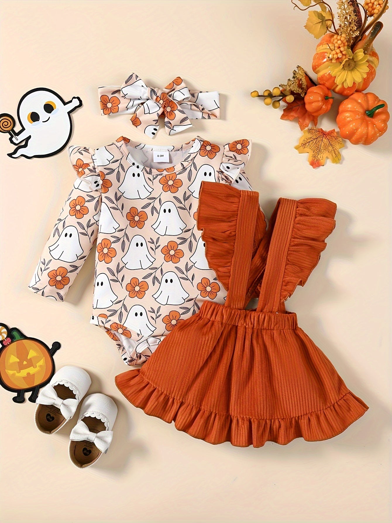 3pcs Adorable & Pumpkin Print Halloween Outfit for Baby Girls - Includes Long Sleeve Jumpsuit, Ruffled Ribbed Skirt & Headband Set - Soft Polyester, Machine Washable - Ideal for Spring & Autumn Celebrations, Festive Baby Wear