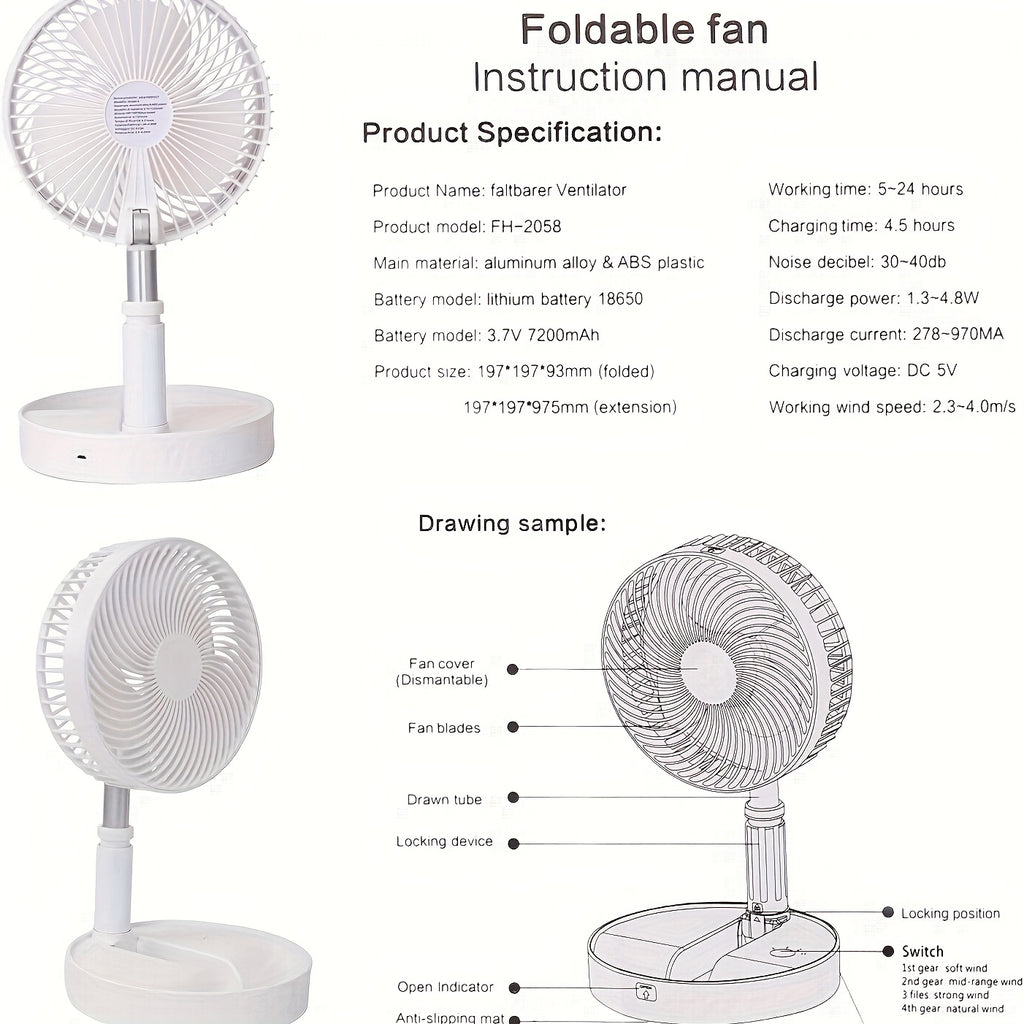 1 Pack Rechargeable Portable Fan with Adjustable Height, 4 Speed Settings & Retractable Oscillation - USB-Powered Indoor/Outdoor Cooling Fan for Home, Office, Camping, Travel - Lightweight Durable Plastic Design, Multispeed C