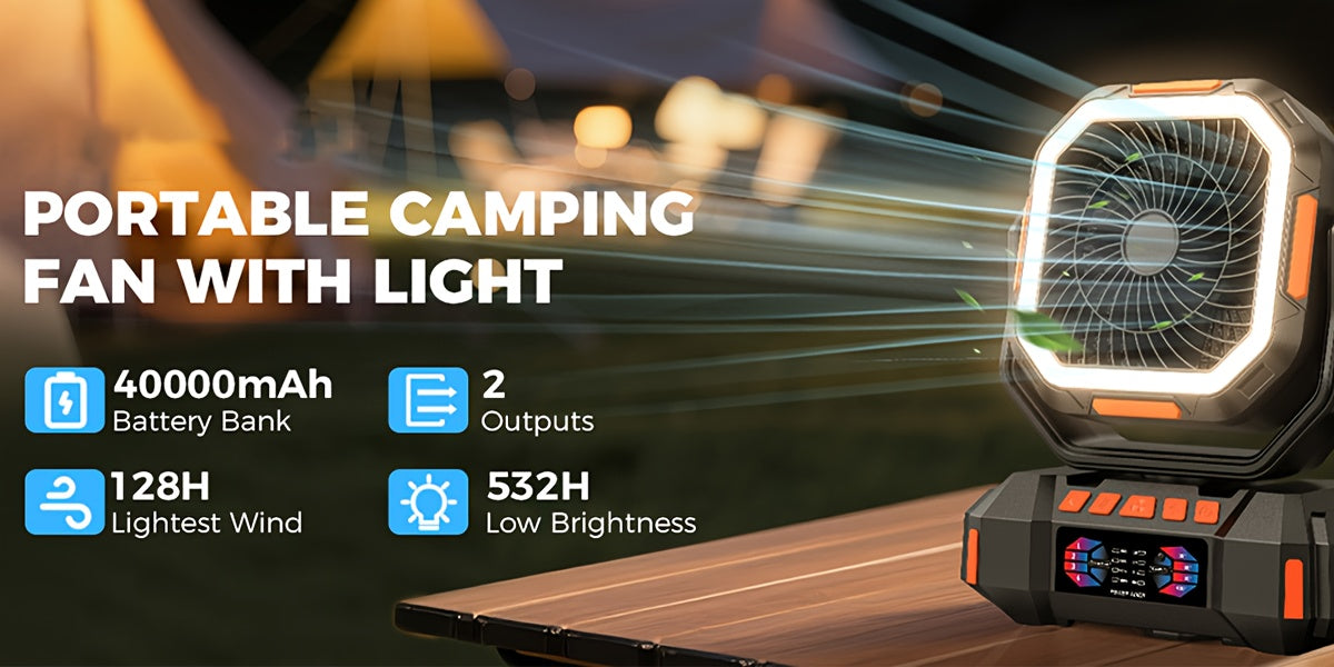 40000mAh Portable LED Camping Fan with Built-in Light - USB Rechargeable Outdoor Cooling Fan Tent, Hiking, Fishing - Sturdy And Compact Design, Green And Orange, Essential for Hiking, Sturdy Handle Function, Camping Accessory