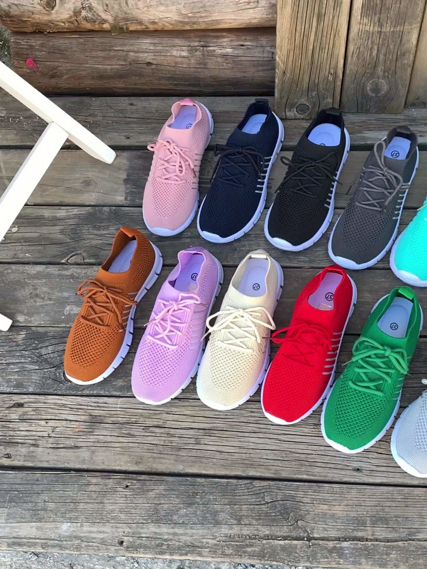 Women's Lightweight Knit Sneakers, Breathable Low-Top Lace-Up Casual Running Footwear, Fabric Upper and PU Cover Sole, Vibrant Color Sneakers, Versatile Running Shoes