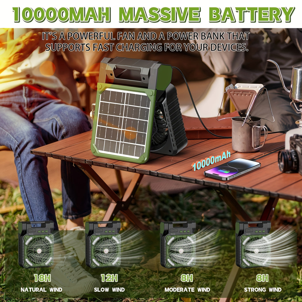 10000-20000mAh Solar Powered Camping Fan with LED Lantern, 4 Speeds Powerful Wind Rechargeable Battery Operated Portable Fan, Cordless Desk Cooling Fan with 3 Timer & PowerBank for Travel Tent Worksite