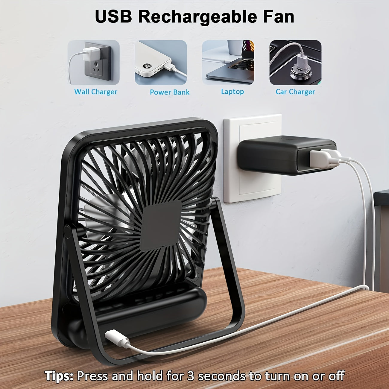 Portable USB Desktop Fan with Battery - Ultra-Quiet 5-Speed Adjustable & 180° Foldable Design, Digital Power Display, Polished Acrylic Finish, Compact for Home, Office, Travel, Air Conditioning, Portable Fan, Home Cooling, M