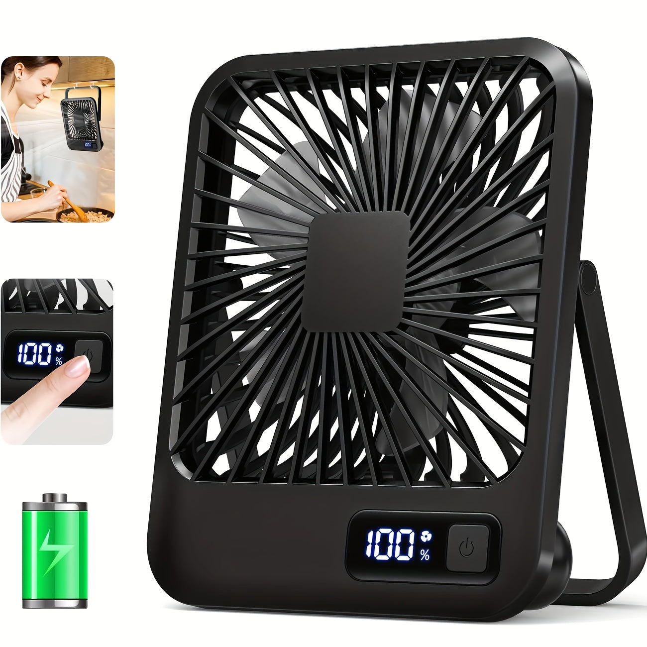 Portable USB Desktop Fan with Battery - Ultra-Quiet 5-Speed Adjustable & 180° Foldable Design, Digital Power Display, Polished Acrylic Finish, Compact for Home, Office, Travel, Air Conditioning, Portable Fan, Home Cooling, M