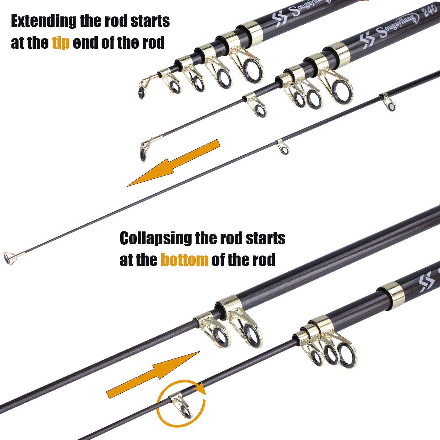 [Quality Construction] Sougayilang Ultralight Carbon Fiber Spinning Fishing Rod - Portable, Medium Action, 6.72-9.84ft Extendable Length, Black & Golden with Comfort Grip Handle - Ideal for All Anglers