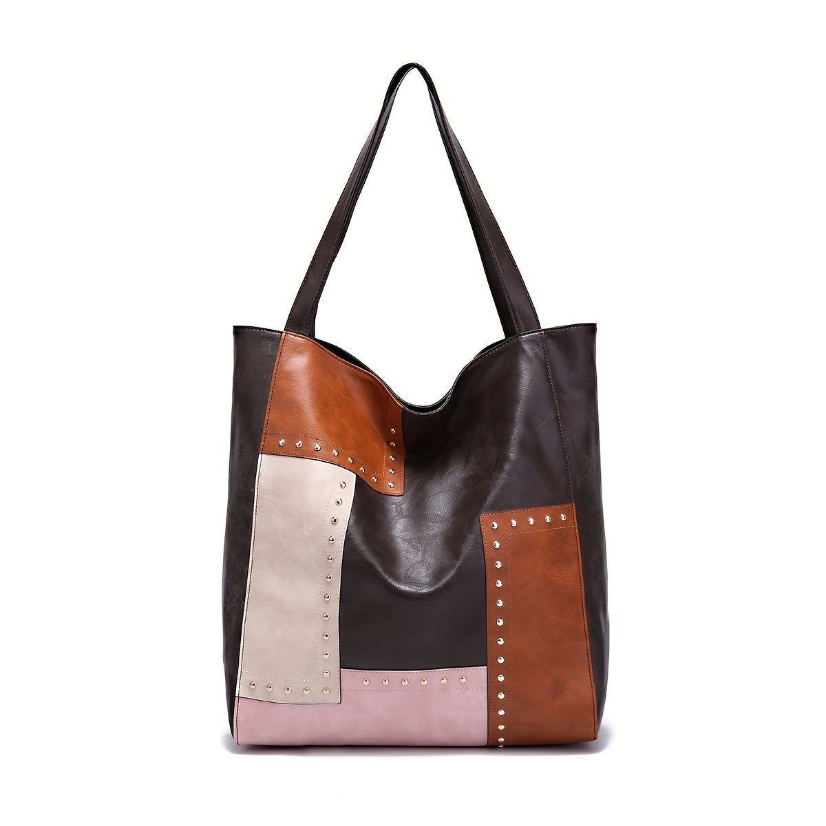 Vintage Patchwork Tote Bag, Retro Colorblock Shoulder Bag, Handbag