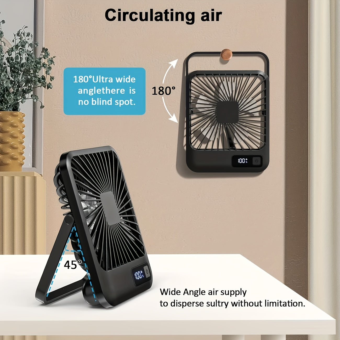 Portable USB Desktop Fan with Battery - Ultra-Quiet 5-Speed Adjustable & 180° Foldable Design, Digital Power Display, Polished Acrylic Finish, Compact for Home, Office, Travel, Air Conditioning, Portable Fan, Home Cooling, M