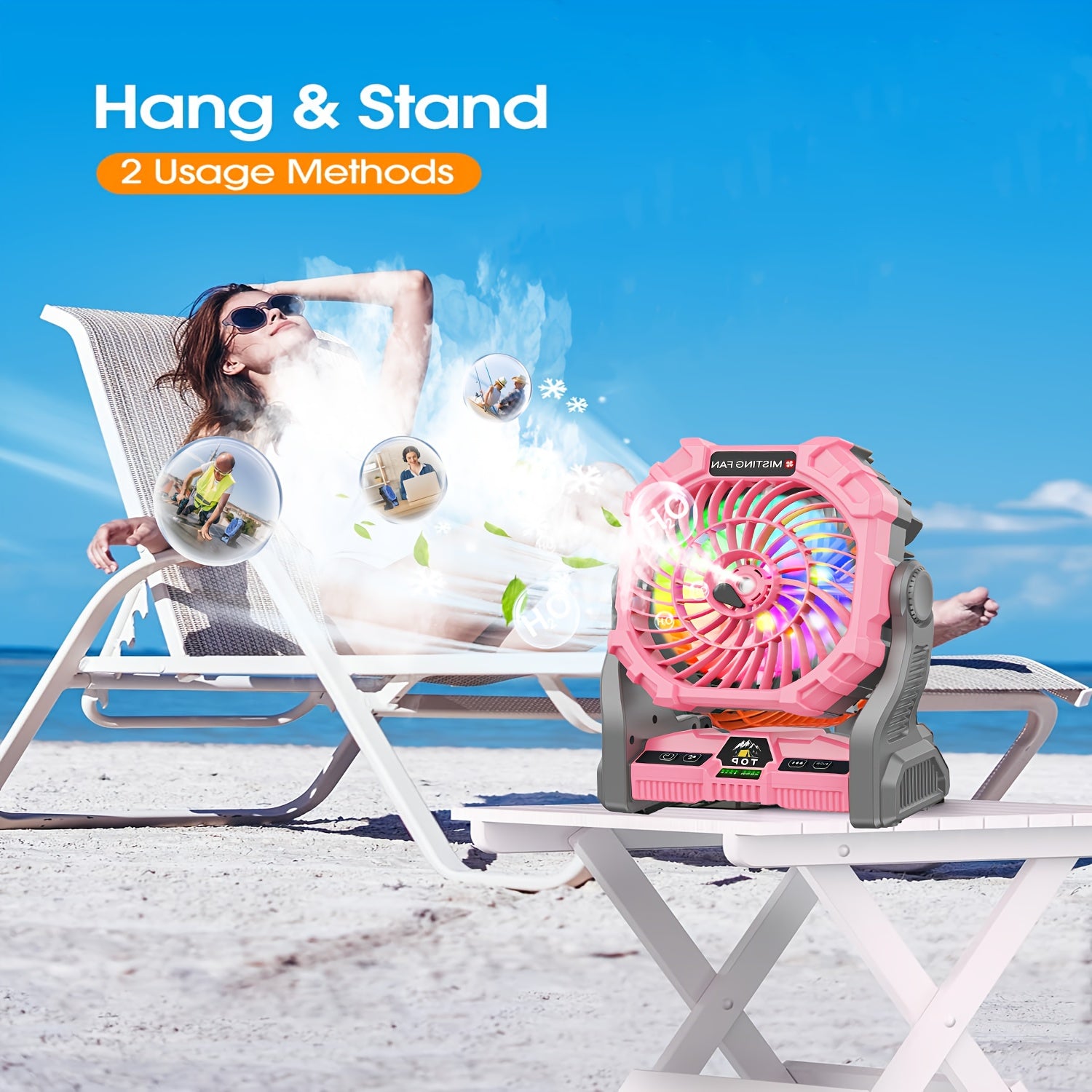 [Portable Spray Fan] 20,000mAh Portable Spray Fan with LED Mood Light & Timer - USB Rechargeable, 3 Spray Modes, 3 Speeds, 2 Timers, 2 Modes for Camping, Hiking, Outdoor, Bedroom, Living Room - Durable Plastic, Polished Finis