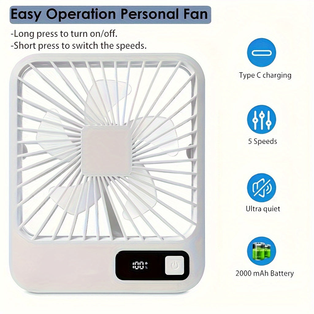 Wireless Fan Desk Fan Table Fan USB Portable FAN Ultra Quiet 2000mAh Battery Operated With Strong Wind, 180° Tilt Folding And 5 Speeds  Mini Personal Fan For Office Bedroom Travel Tent And Outdoor Summer, Cooling Portable Fa