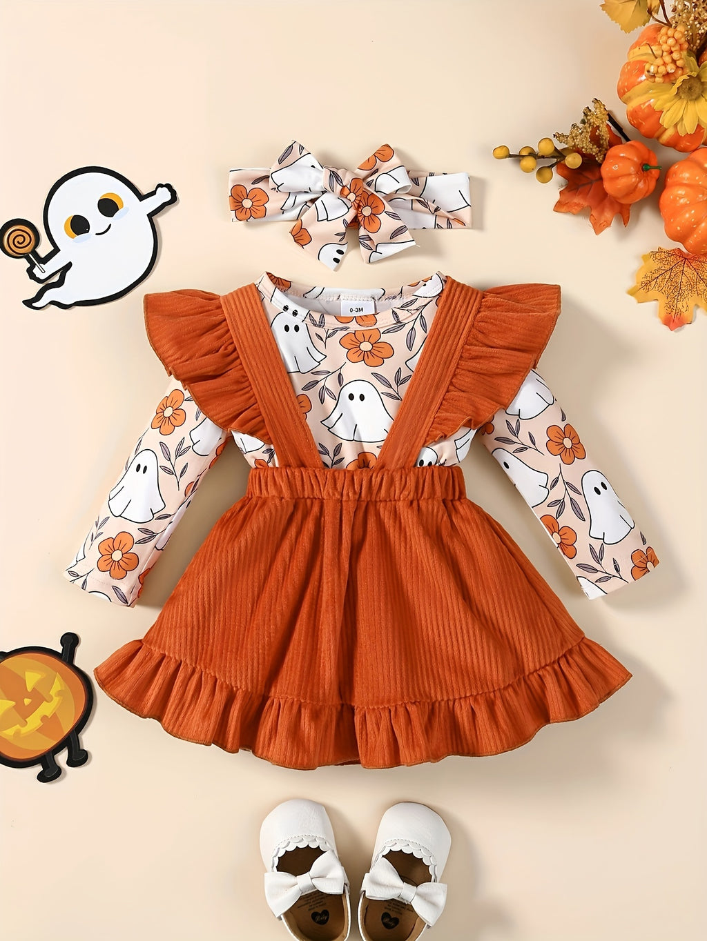 3pcs Adorable & Pumpkin Print Halloween Outfit for Baby Girls - Includes Long Sleeve Jumpsuit, Ruffled Ribbed Skirt & Headband Set - Soft Polyester, Machine Washable - Ideal for Spring & Autumn Celebrations, Festive Baby Wear