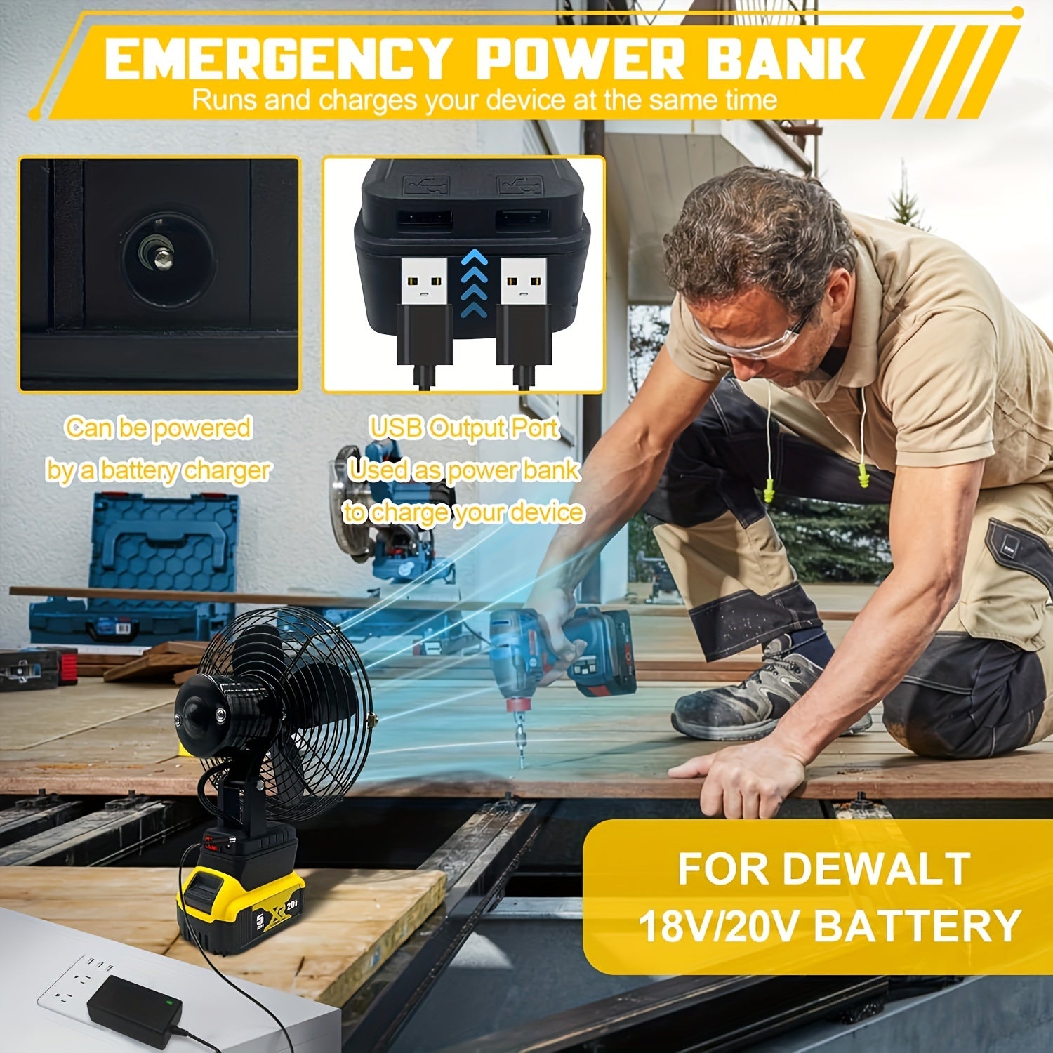 Portable Jobsite Fan Compatible For Dewalt 20v Battery (No Battery Provided) And Direct Power Supply Using Battery Charger Cordless Works Fan Battery Portable Fan With Low Voltage Protection, USB Port, Good For Campaing, Ourd