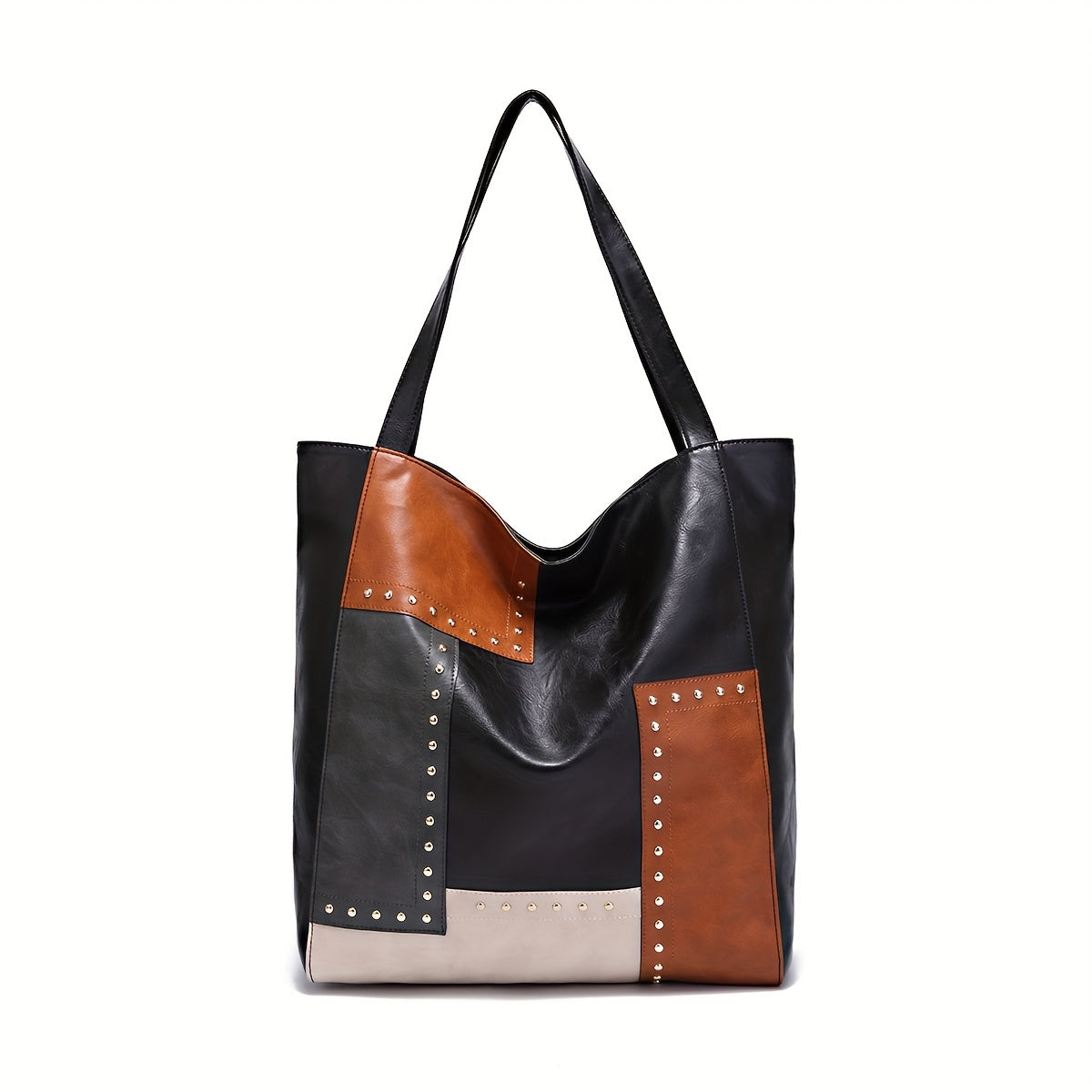 Vintage Patchwork Tote Bag, Retro Colorblock Shoulder Bag, Handbag