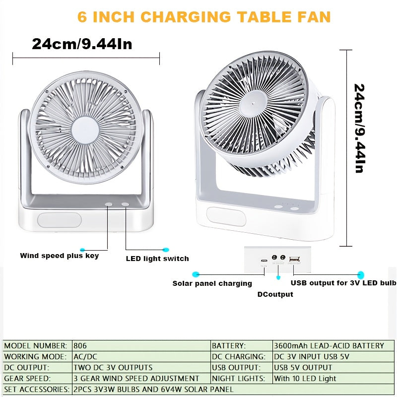 [Solar Powered, 3 Speeds Fan] 10 LED Light Solar Powered Portable Fan - 3 Speeds Rechargeable Camping Table Fan with Timer, Floor Fan