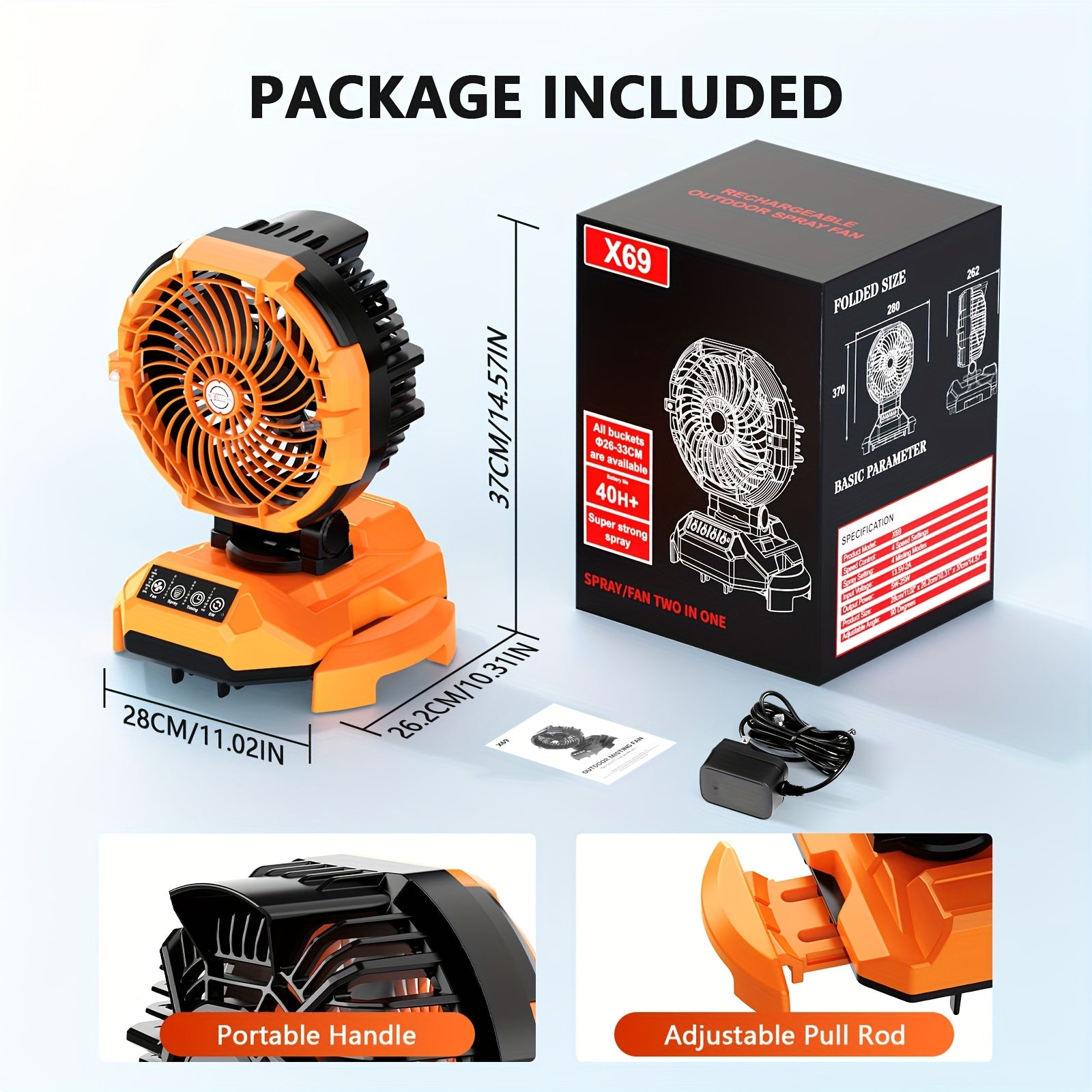 Battery Powered Fan With Misting, 24000mAh Rechargeable Camping Fan, Strong Spray Mister, 4 Speed With Timer, Auto Oscillation Portable Fan With Retractable Base For Outdoor Sport Beach Travel Patio Porch