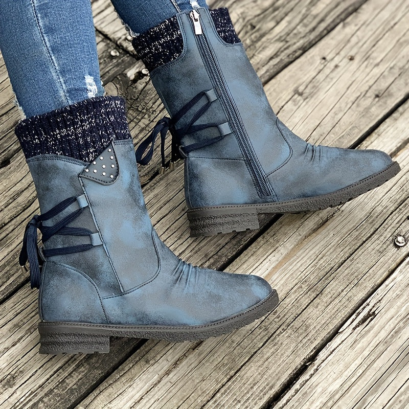 Vintage Classic Elegant 's Mid-Calf Boots. Elastic Collar Design, Lace-Up Adjustable for Plus Size s. Multiple Colors Available: Grey, Black, Khaki, Blue, Purple Womens Shoes.Cute Round Toe Slip On Autumn Ankle Boots, Lovely