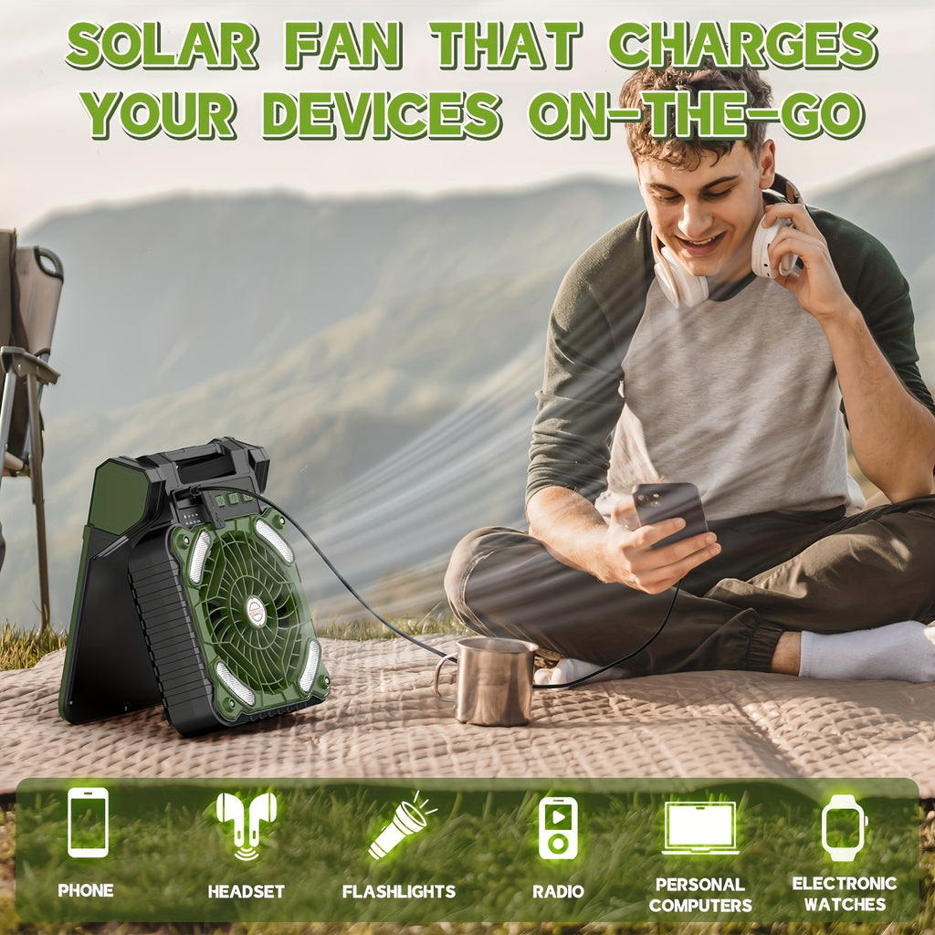 10000-20000mAh Solar Powered Camping Fan with LED Lantern, 4 Speeds Powerful Wind Rechargeable Battery Operated Portable Fan, Cordless Desk Cooling Fan with 3 Timer & PowerBank for Travel Tent Worksite