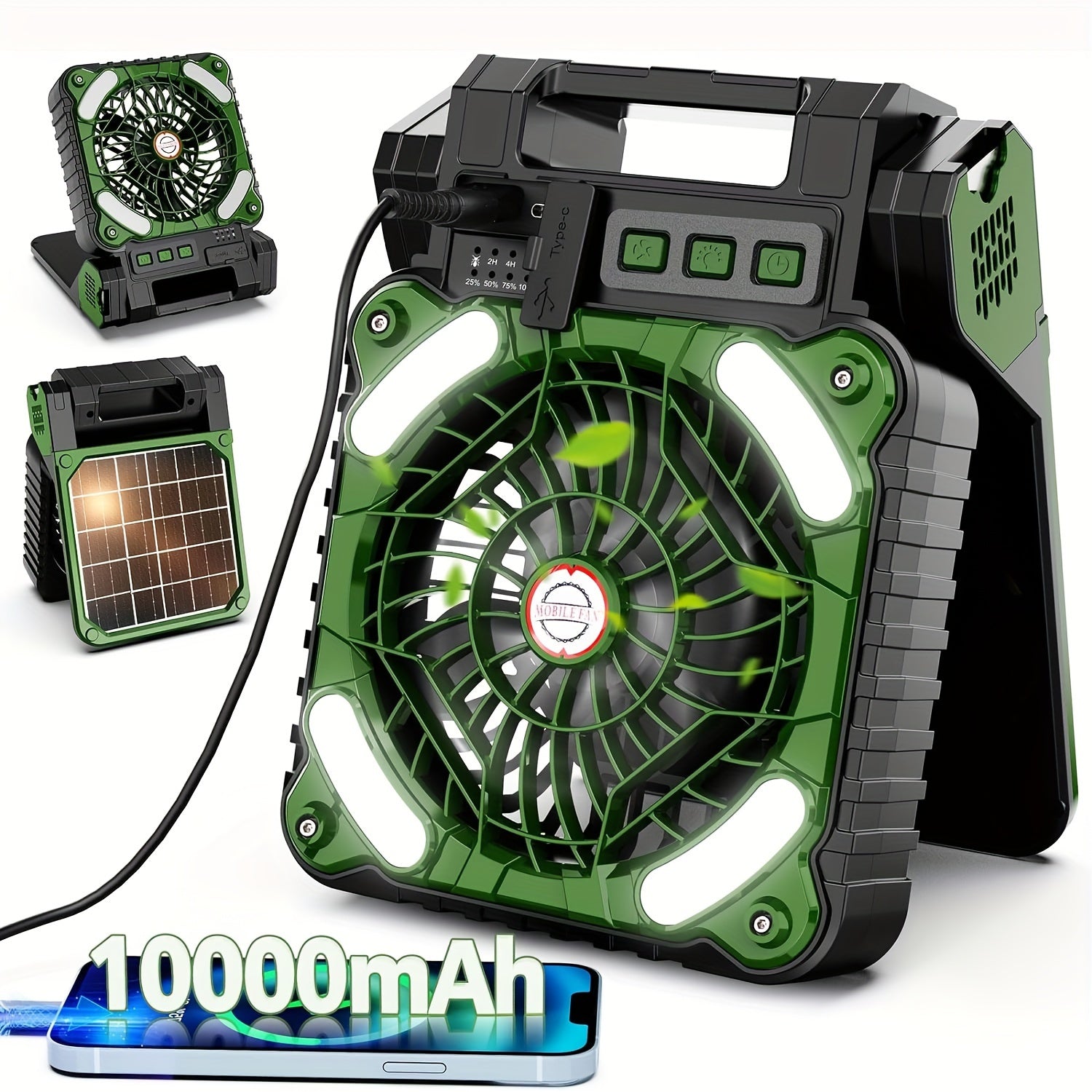 Solar Powered Camping Fan With LED Lantern, 4 Speeds Powerful Wind Rechargeable Battery Operated Portable Fan, 90° Folding Desk Fan With Timer Power Bank For Outdoor Travel Tent Personal Fan