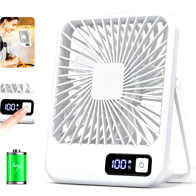 Portable USB Desktop Fan with Battery - Ultra-Quiet 5-Speed Adjustable & 180° Foldable Design, Digital Power Display, Polished Acrylic Finish, Compact for Home, Office, Travel, Air Conditioning, Portable Fan, Home Cooling, M