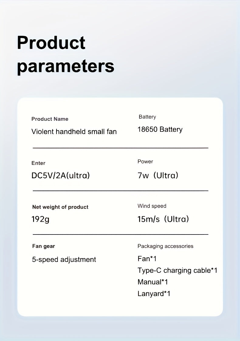 Portable Handheld Fan, 5000rpm Ultra-High Speed Quick Cooling, 1-100-Level Super Power USB Fan, Large Battery Capacity, Mini Portable Fan, USB Rechargeable, Lanyard- Lightweight, Compact, And Easy to Carry for Outdoor Activit