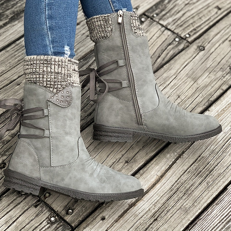 Vintage Classic Elegant 's Mid-Calf Boots. Elastic Collar Design, Lace-Up Adjustable for Plus Size s. Multiple Colors Available: Grey, Black, Khaki, Blue, Purple Womens Shoes.Cute Round Toe Slip On Autumn Ankle Boots, Lovely