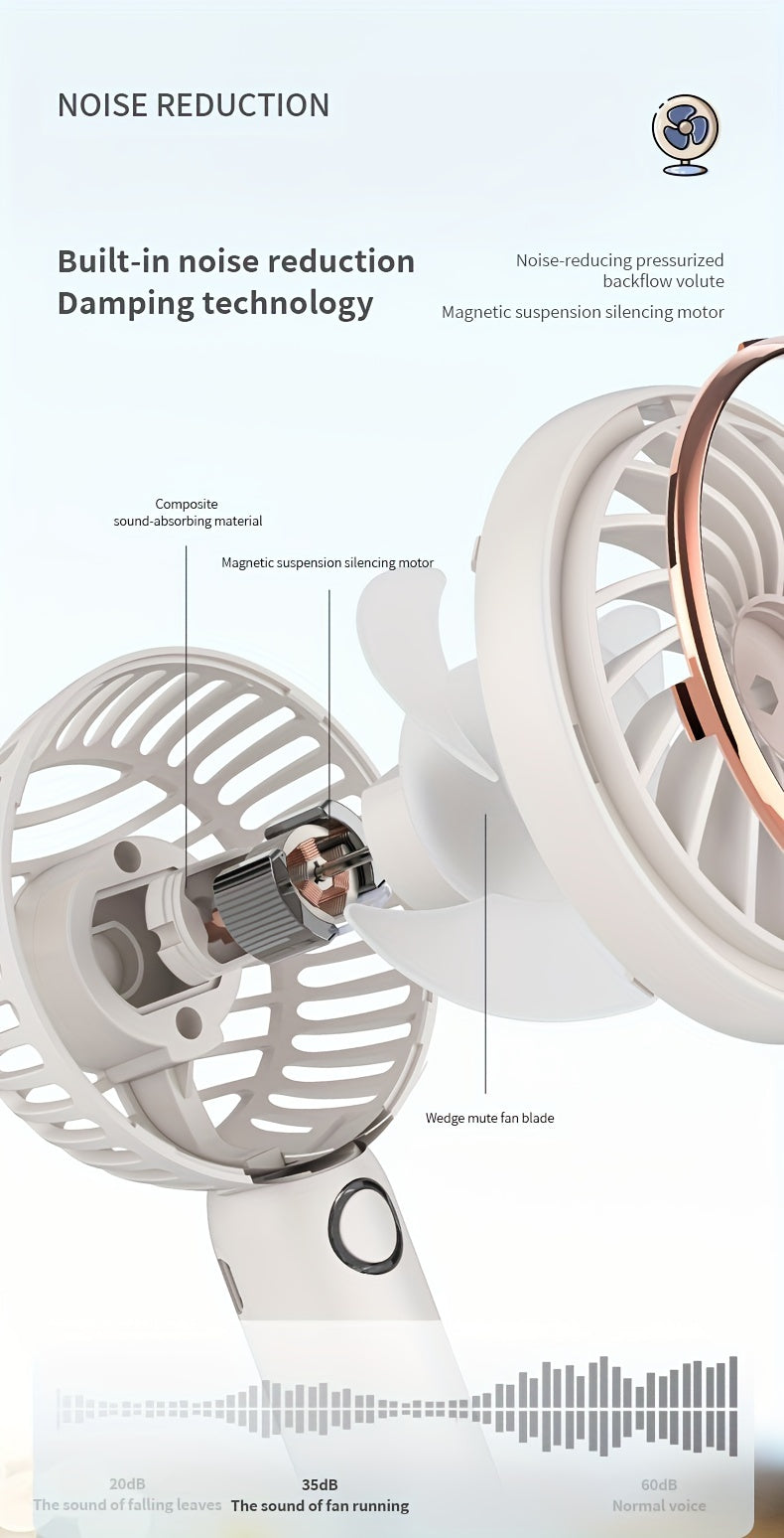Small Fan, Handheld Portable Fan With LED Light, USB Rechargeable, Long-lasting Battery Life, Silent, Suitable For Office Desktop