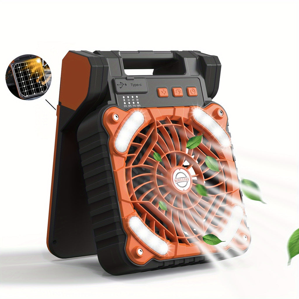 1pc, Solar Camping Fan Plus LED Lights, Portable Fan 7500mAh 30h Solar Dual Charging Desk Battery Powered Fan/timer/Hook Camping Essentials Accessories Tent Outdoor Fishing