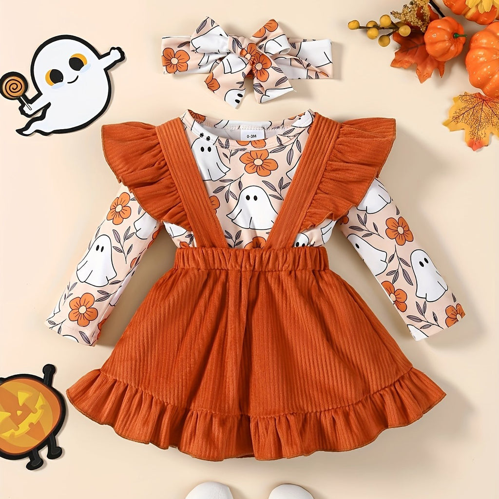 3pcs Adorable & Pumpkin Print Halloween Outfit for Baby Girls - Includes Long Sleeve Jumpsuit, Ruffled Ribbed Skirt & Headband Set - Soft Polyester, Machine Washable - Ideal for Spring & Autumn Celebrations, Festive Baby Wear