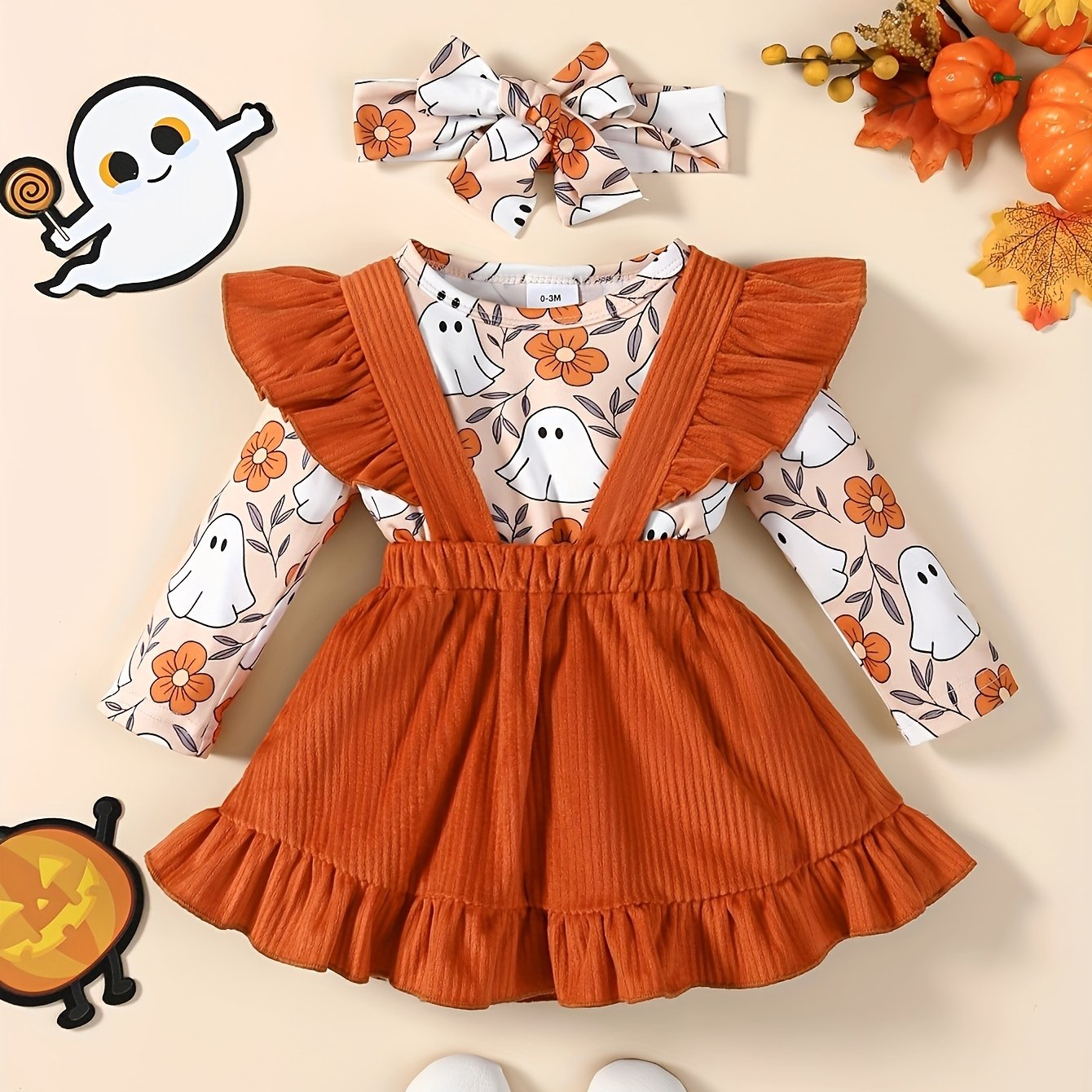 3pcs Adorable & Pumpkin Print Halloween Outfit for Baby Girls - Includes Long Sleeve Jumpsuit, Ruffled Ribbed Skirt & Headband Set - Soft Polyester, Machine Washable - Ideal for Spring & Autumn Celebrations, Festive Baby Wear