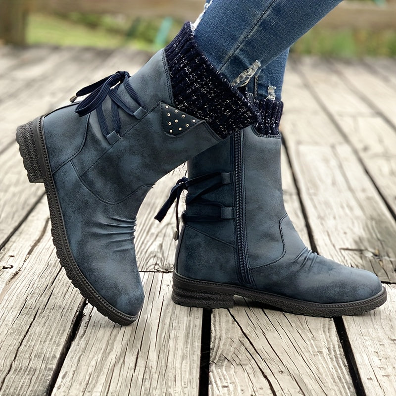 Vintage Classic Elegant 's Mid-Calf Boots. Elastic Collar Design, Lace-Up Adjustable for Plus Size s. Multiple Colors Available: Grey, Black, Khaki, Blue, Purple Womens Shoes.Cute Round Toe Slip On Autumn Ankle Boots, Lovely