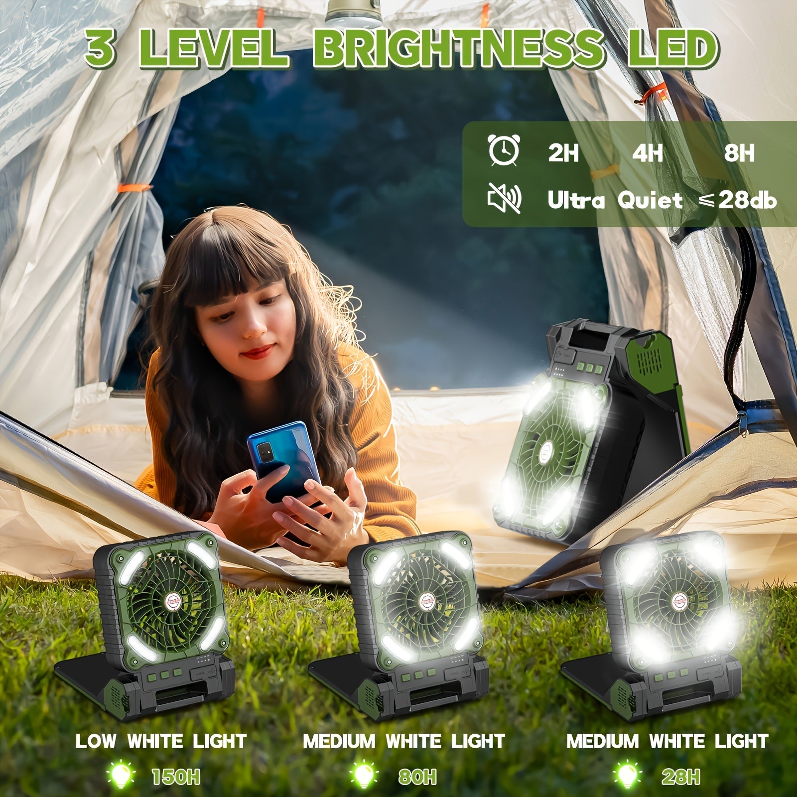 10000-20000mAh Solar Powered Camping Fan with LED Lantern, 4 Speeds Powerful Wind Rechargeable Battery Operated Portable Fan, Cordless Desk Cooling Fan with 3 Timer & PowerBank for Travel Tent Worksite