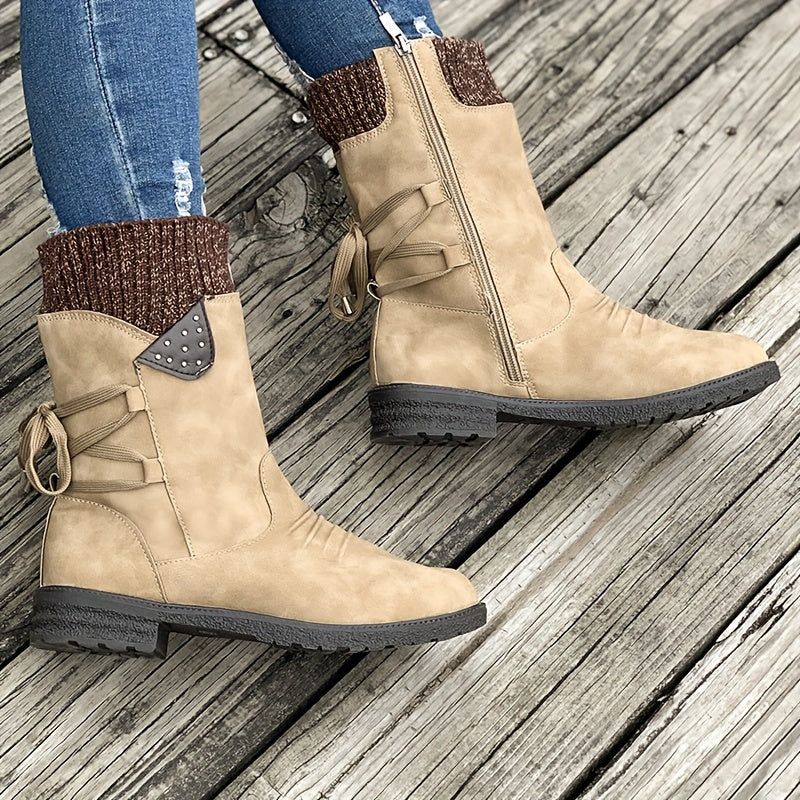 Vintage Classic Elegant 's Mid-Calf Boots. Elastic Collar Design, Lace-Up Adjustable for Plus Size s. Multiple Colors Available: Grey, Black, Khaki, Blue, Purple Womens Shoes.Cute Round Toe Slip On Autumn Ankle Boots, Lovely